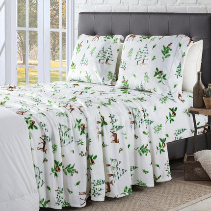 Elegant Comfort Luxuriously Soft 4-Piece Holiday Velvet Plush Flannel Sheet Set - Premium Quality - Cozy Warm, Christmas Fuzzy Velvet Flannel Fleece Deep Pocket Sheet Set - Twin XL, Enchanted Woods