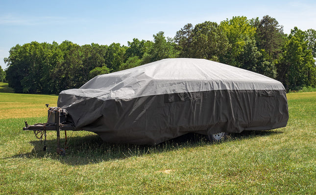 Camco ULTRAGuard 6-8-Ft Pop-Up Camper/RV Cover | Features Covered Air Vents & Cinching Straps | Crafted of Spunbond Polypropylene | Includes Storage Bag for RV Storage and Organization (45760)