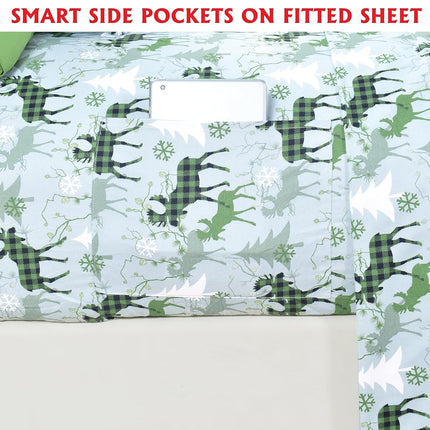 Elegant Comfort Luxury Soft Bed Sheets Holiday Pattern 1500 Premium Hotel Quality Microfiber - Softness Wrinkle and Fade Resistant (6-Piece) Bedding Set, King, Plaid Moose Green