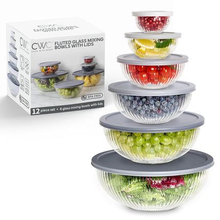 Cook with Color Lot de 12 bols mélangeurs en verre avec couvercles – Bols gigognes en verre borosilicate pour la cuisine, la pâtisserie et la préparation des repas, gris cannelé
