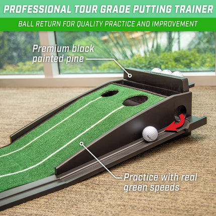 GoSports Pure Putt Golf Tapis de Practice de Golf de 2,7 m – Aide à l'Entraînement en Bois Haut de Gamme pour la Pratique du Putting à la Maison et au Bureau – Comprend 4 Balles de Golf – Noir