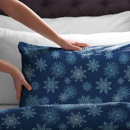 pointehaven Flannel Deep Pocket Set with Oversized Flat Sheet, King, Snow Flakes Navy