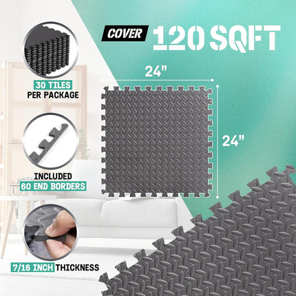 Yes4All Interlocking Exercise EVA Mat Floor Protector (120 Square Feet - Black - with Border) - ²XPAJZ (XPAJ)