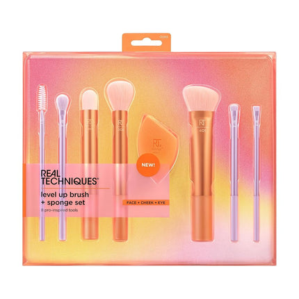 REAL TECHNIQUES Level Up Brush And Sponge Kit, Makeup Brushes For Eyeshadow, Foundation, Blush, & Bronzer, Makeup Blending Sponge, Makeup Tools, Synthetic Bristles, 9 Piece Set, 1 count