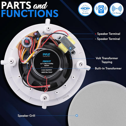 PYLE Ceiling and Wall Mount Speaker - 6.5� 2-Way 70V Audio Stereo Sound Subwoofer Sound, 500 Watts, White