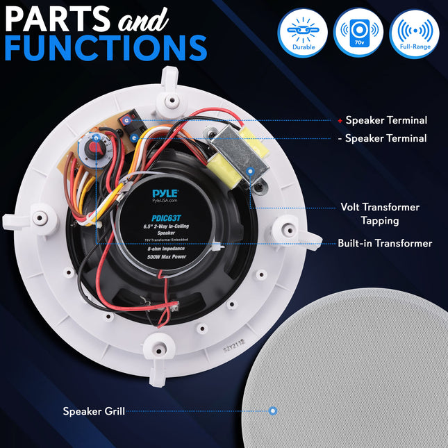 Altavoz Pyle para techo y pared - Subwoofer de sonido estéreo de 6.5" y 2 vías, 70V, 500 vatios, blanco