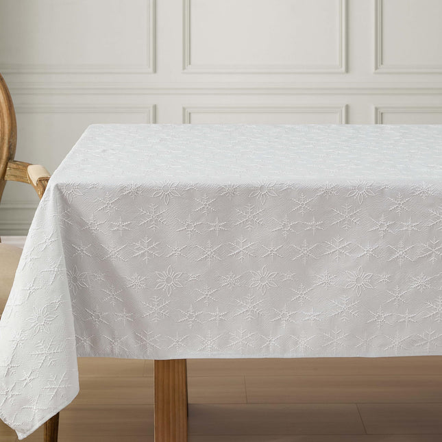 Laura Ashley Tablecloth Raised Woven Embroidered Jacquard Fabric, Wrinkle Resistant for Dining, Holiday, Party, Wedding or Banquet, 60" x 120", Snowflake Silver
