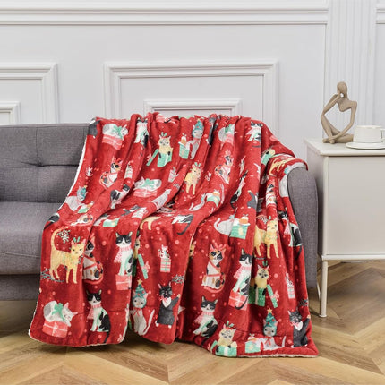 Plaid Sherpa réversible et ultra-doux en flanelle polaire Elegant Comfort – Hiver Noël – Léger, doux et confortable – Couverture décorative de Noël, parfaite pour se prélasser, 127 x 152 cm, Chats de Noël