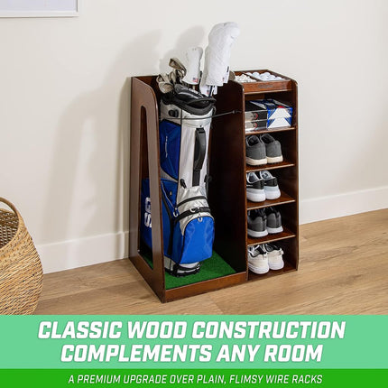 GoSports Premium Wooden Golf Bag Organizer and Storage Rack – Black, Brown, and White