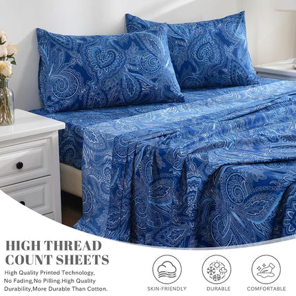 Bedlifes Full Size Sheets Paisley Sheets Ultra Soft Patterned Printed Sheet Set Deep Pocket Flat Sheet& Fitted Sheet& Pillowcases 100% Microfiber 4 Piece Full Size Paisley Dark Navy Blue