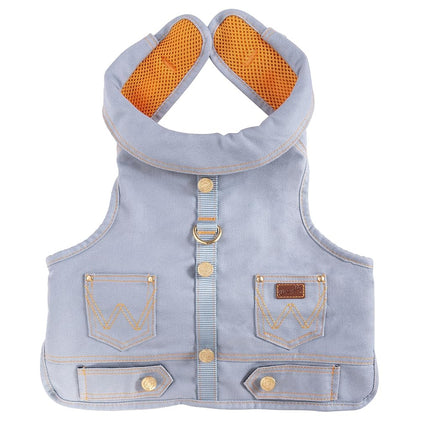 Wrangler Rope Denim Dog Vest Harness – Breathable Dog Vest with Mesh Lining - Machine Washable Dog Winter Jacket for Easy Cleaning, Layer Over Dog Sweater (Light Wash, XS)