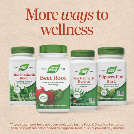 Nature's Way Beet Root; 1 gram Beet Root per serving; TRU-ID Certified; Gluten-Free; Vegetarian; 320 Capsules