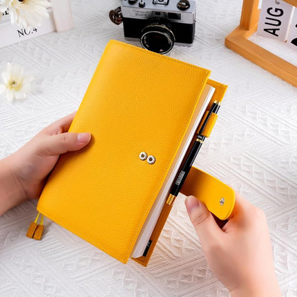 Ox Knight A5 Leather Planner Cover for Hobonichi Cousin, Stalogy, Midori, Leuchtturm1917, and More - with Pen Loop, Card Slots, Back Pocket, and Bookmarks (Yellow)