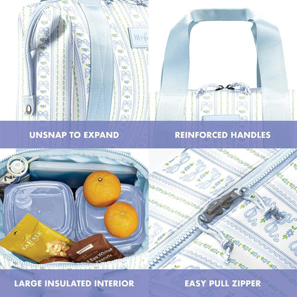 Fit & Fresh Neoprene Lunch Bag For Women, Insulated Womens Lunch Bag For Work, Tear & Stain Resistant Large Lunch Box For Women With Containers and Ice, Machine Washable Remi Bag, Blue Wallpaper Bows