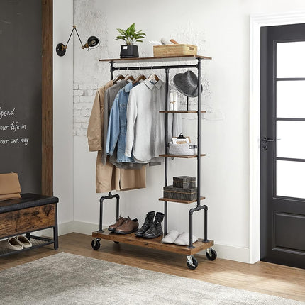 VASAGLE Clothes Rack, Clothing Rack on Wheels, 5-Tier Garment Rack with Metal Pipes, for Bedroom, Store, Laundry Room, Living Room, Rustic Brown and Black HSR66BX