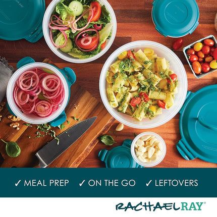 Rachael Ray Leak-Proof Nestable Container Food Storage Bin Set, 10-Piece Round, Teal Lid