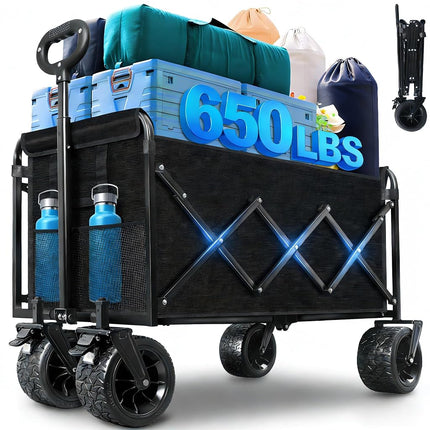 Chariot pliant, capacité de 295 kg, chariot utilitaire pliable de 300 L avec roues tout-terrain et freins, chariot de plage pliable robuste pour l'épicerie, le camping, le sport, les courses – Noir