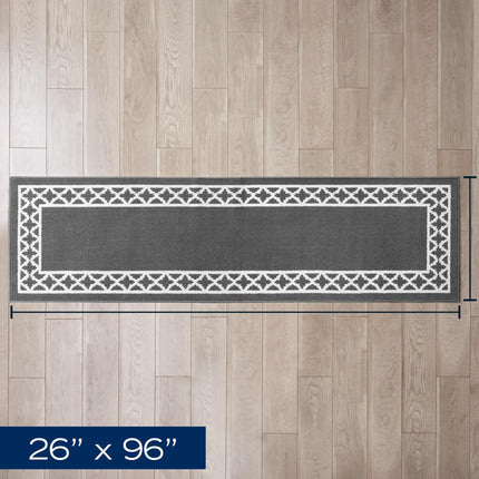 Alfombra Larga Nautica Runner, Alfombra de Interior para Entrada y Pasillo, Alfombra Antideslizante para Entrada y Cocina, Felpudo de Perfil Bajo Lavable a Máquina, 66 cm x 244 cm, Borde de Celosía Gris Oscuro y Blanco