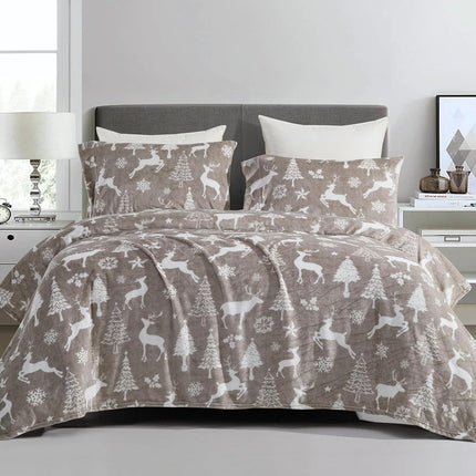 Elegant Comfort Luxuriously Soft 4-Piece Holiday Velvet Plush Flannel Sheet Set - Premium Quality - Cozy Warm, Christmas Fuzzy Velvet Flannel Fleece Deep Pocket Sheet Set - Twin XL, Silver Reindeer