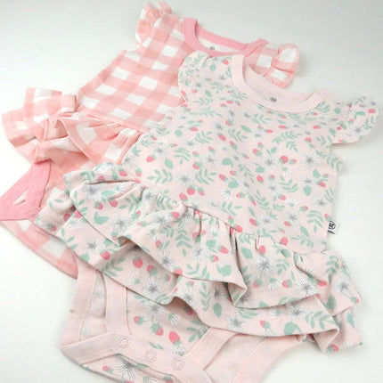 HonestBaby Multipack de conjuntos de mamelucos cortos y vestidos 100% algodón orgánico para bebés e infantes, niños, niñas, unisex, diseño de fresas, 6-9 meses