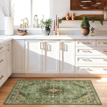 Green Area Rug 3x5 Washable Rug Non-Slip Area Rugs for Bedroom Living Room Kitchen, Printed Low-Pile Ultra-Soft Cute Dorm Rug Room Decor for Teen Girls(Border Green)