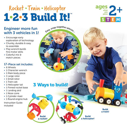 Learning Resources 1-2-3 Build It - Rocket-Train-Helicopter, Fine Motor Toy, Kids Building Set