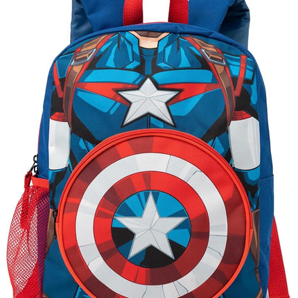 Marvel Boys Backpack Set | Kids 4 Piece Blue Rucksack Set with School Bag, Pencil Case, Lunch Bag & Water Bottle | Captain America, Iron Man & Hulk Avengers Matching Bundle | Back to School Gifts