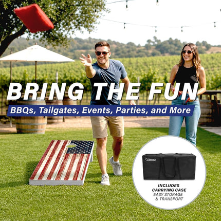 GoSports 4 x 2 ft Regulation Size Wood Cornhole Board Set - Rustic American Flag Design, Includes 2 Boards, 8 Bean Bags, Carrying Case and Game Rules