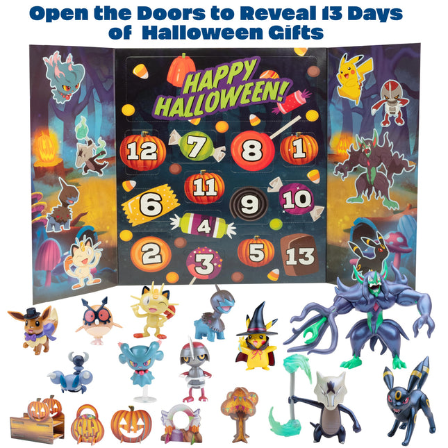 Pokémon 2024 Halloween Countdown Advent Calendar for Kids, 16 Gift Playset - 13 Days of Reveal with 11 Toy Character Figures & 5 Accessories - Pikachu, Eevee, Meowth & More - 4.5" Deluxe Action