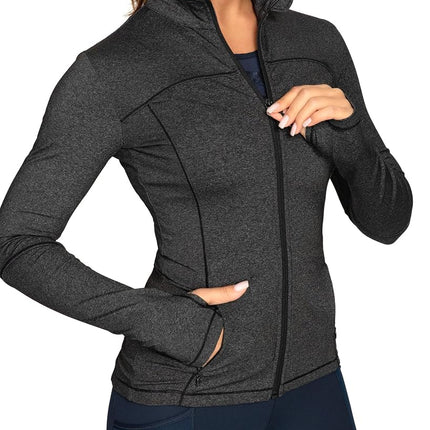 GYM RAINBOW Workout Jackets for Women, Full Zip Slim Fit Lightweight Athletic Running Sports Track Jacket with Pockets, 2-black Blend, S
