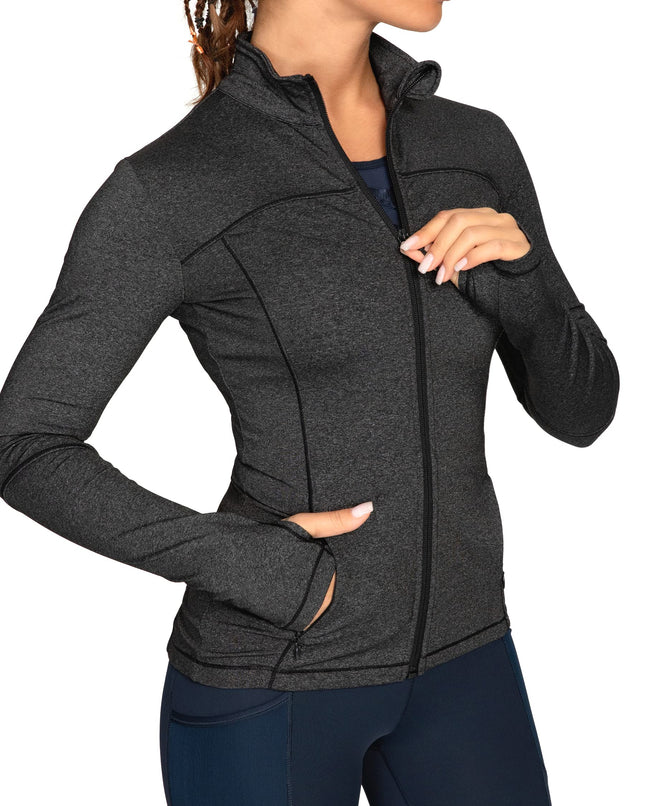 GYM RAINBOW Workout Jackets for Women, Full Zip Slim Fit Lightweight Athletic Running Sports Track Jacket with Pockets, 2-black Blend, S