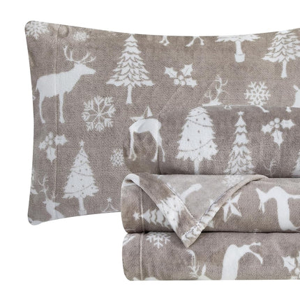 Elegant Comfort Luxuriously Soft 4-Piece Holiday Velvet Plush Flannel Sheet Set - Premium Quality - Cozy Warm, Christmas Fuzzy Velvet Flannel Fleece Deep Pocket Sheet Set - Twin XL, Silver Reindeer