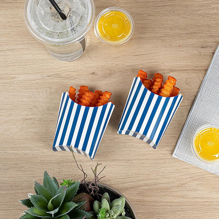 Bio Tek 3.9 x 2.6 x 3.5 Inch French Fry Cup, 100 Disposable Snack Cups - Stackable, Sustainable, Blue and White 2 Ounce Paper Fry Holder, for Fries, Onion Rings, Popcorn, or Cookies - Restaurantware