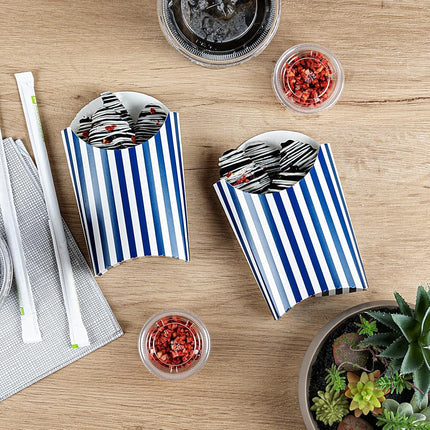 Bio Tek 4.7 x 3.5 x 5.1 Inch French Fry Cup, 100 Disposable Snack Cups - Stackable, Sustainable, Blue and White Paper 4 Ounce Fry Holder, for Fries, Onion Rings, Popcorn, or Cookies - Restaurantware