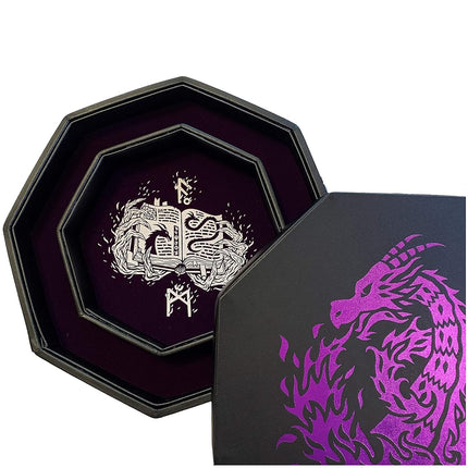 Fantasydice- purple -Fire Dragon-Dice Tray - 8" Octagon with Lid and Dice Staging Area - for Dice, Board Games, Tabletop RPGs Like D&D (DND) 3.5 and 5e, Call of Cthulhu, Pathfinder, Shadowrun and more