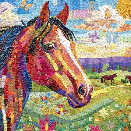 Springbok Patchwork Pony 1000 Piece Puzzle for Adults - Stunning Mosaic-Style Horse Puzzle Set in a Colorful, Blooming Meadow with Butterflies.