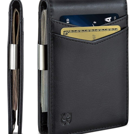 SERMAN Brands Billetera con clip para billetes – Carteras delgadas para hombre, de bolsillo delantero, soporte para tarjetas con bloqueo RFID, mini plegable minimalista, negro carbón, delgada