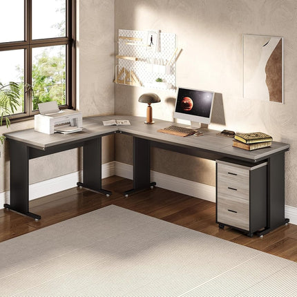 LITTLE TREE 82.67" Long Executive Desk with Drawers, Large L-Shaped Office Desk with Mobile File Cabinet, Farmhouse Computer Office Furniture Work Desk with Storage for Home Office, Gray