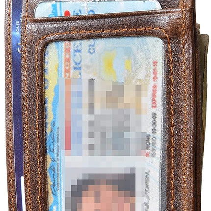 HOPSOOKEN Clip de Dinero RFID Billetera de Bolsillo Delantero de Cuero Delgada Minimalista para Hombre, Marrón con Ventana de Identificación (Cuero Crazy Horse), S