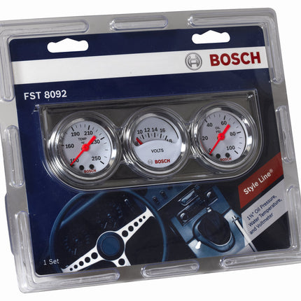 Bosch SP0F000039 Style Line 1-1/2" Mini Triple Gauge Kit (White Dial Face, Chrome Bezel)