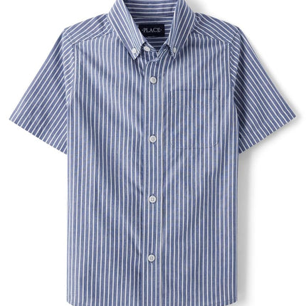 The Children's Place Boys' Short Sleeve Poplin Button Down Shirt, Blue Stripe, X-Small