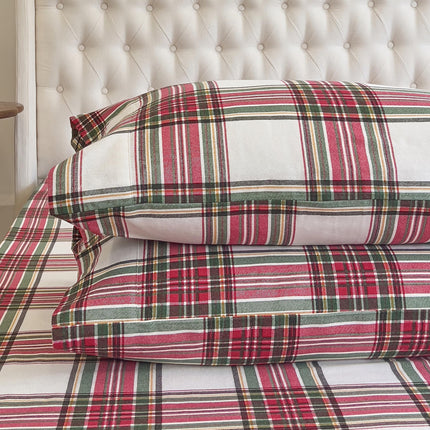 Elegant Comfort Soft 4-Piece 100% Turkish Cotton Flannel Sheet Set - Premium Quality, Deep Pocket Fitted Sheet, Ultra Soft, Cozy Warm and Anti-Pill Flannel Sheets - Full, Plaid Ivory