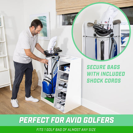 GoSports Premium Wooden Golf Bag Organizer and Storage Rack – Black, Brown, and White
