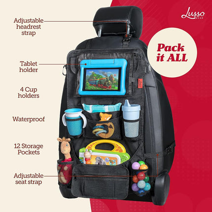Car Back Seat Organizer with Larger Protection & Storage - 12 Compartments including iPad Holder, Reinforced Corners to Prevent Sag, Eco Friendly Materials - Great Travel Accessory for Kids