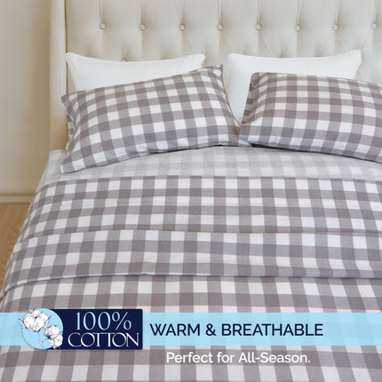 Elegant Comfort Ultra Soft 4-Piece 100% Turkish Cotton Flannel Sheet Set - Buffalo Check Plaid Flannel Sheets, Warm and Cozy Premium Quality, Deep Pocket Fitted Sheet- Twin XL, Gray