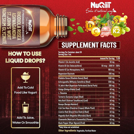 17in1 Rhodiola Rosea Liquid Drops Tincture w/Ashwagandha Magnesium, L-Theanine. Ultra Cortisol Supplement, Rhodiola Root for Mood, Energy - 1 FL Oz - 60 Day Supply