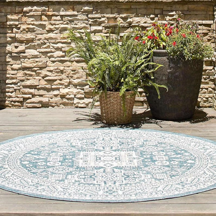 Unique Loom Outdoor Aztec Collection Area Rug - Chalca (10' Round, Aqua/Ivory)