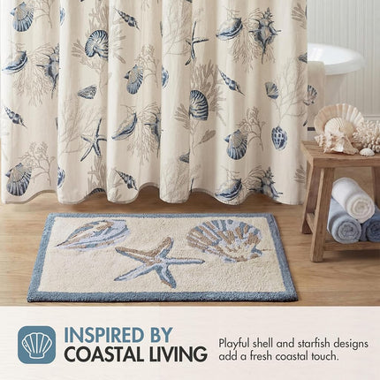 Madison Park Bayside 100% Cotton Tufted Non-Slip Absorbent Ultra Soft Seashells Beach Style Bath Mat Bathroom Rugs, 21X34 Inches Blue