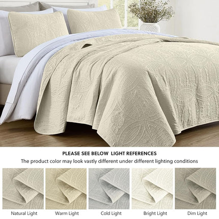Chezmoi Collection 3 Piece Oversized Bedspread Coverlet Set, Ivory, Queen