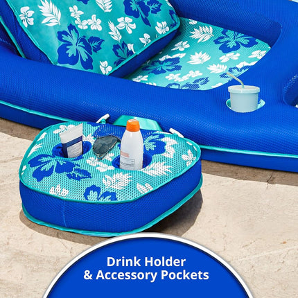 Aqua Campania Ultimate 2-in-1 Pool Float Lounge – Extra Large – Inflatable Pool Floats for Adults with Adjustable Backrest & Cupholder Caddy – Teal Hibiscus